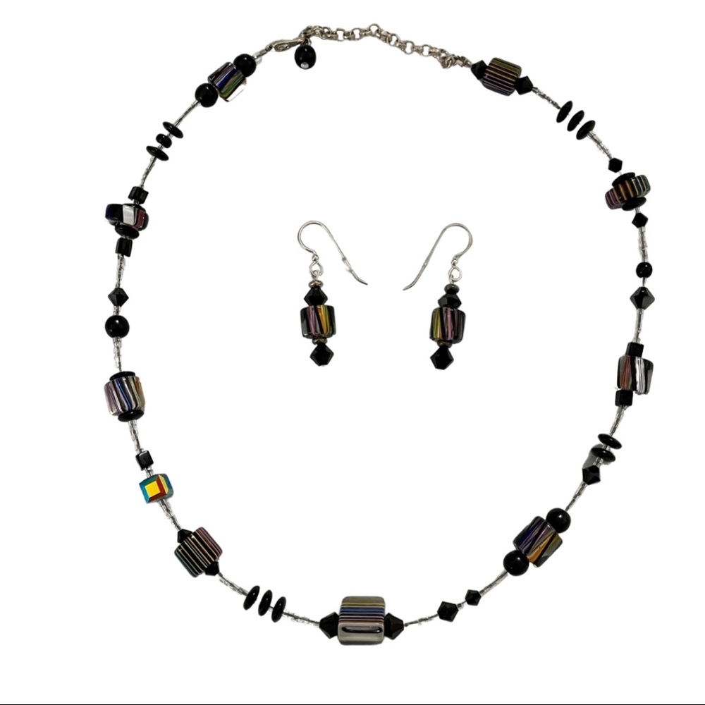 Custom Rainbow Multicolor Furnace Cane Glass Bead with Crystals & Earrings - Picture 2 of 3